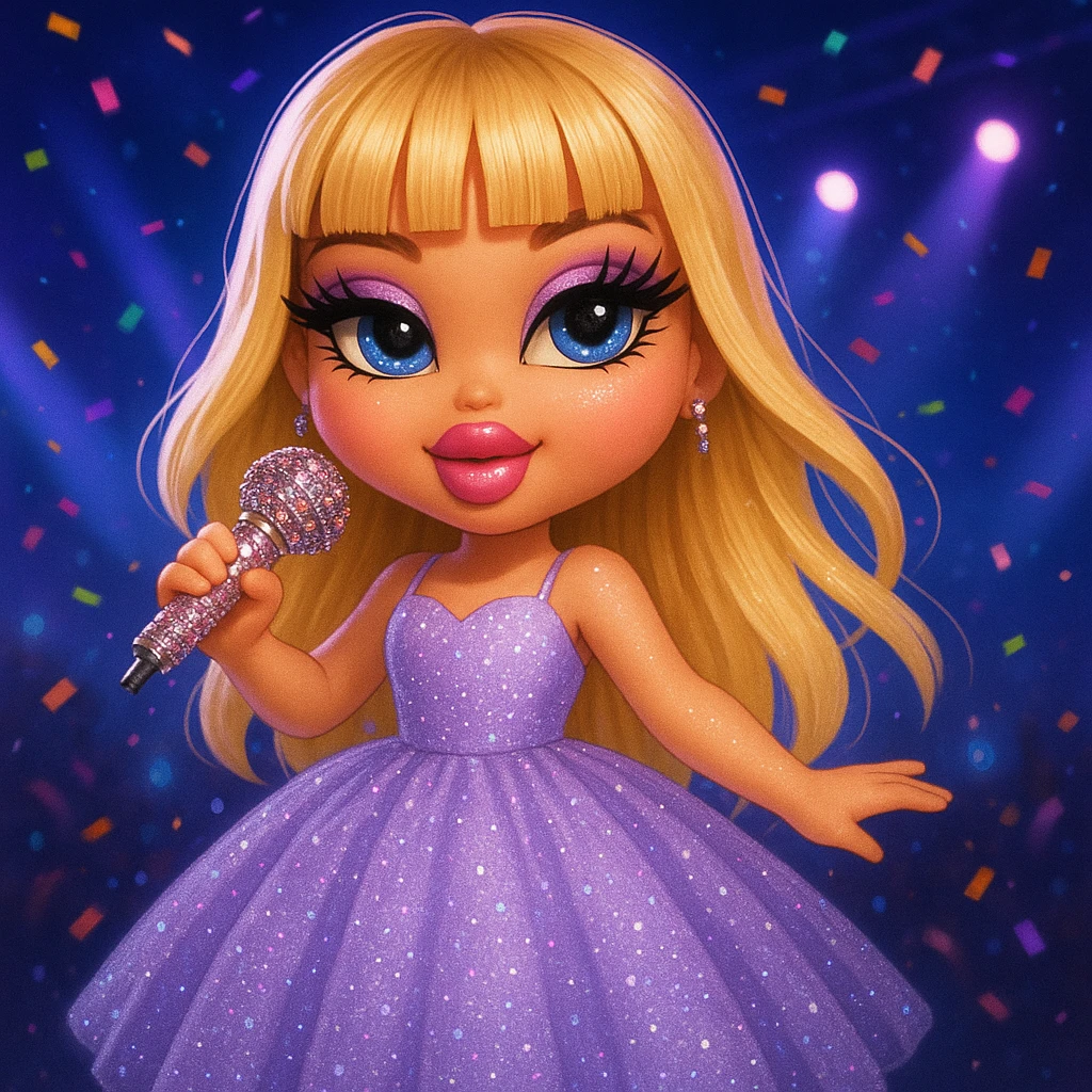 Pretty and girly Blonde pop star with bangs wearing a sparkly tulle light purple ballgown, holding a bedazzled microphone, reimagined as a cute Bratz doll, with a nighttime concert backdrop with colorful confetti emoji