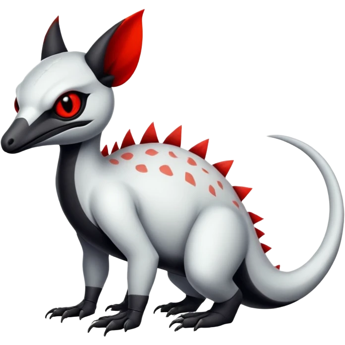 a white exotic edgy vernid-fionbr-Fakémon-creature, with black belly and red eyes, full body emoji