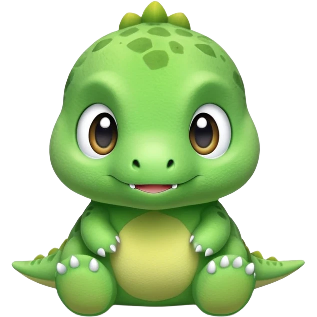 A tiny green baby dinosaur plush toy with extra large head and eyes emoji