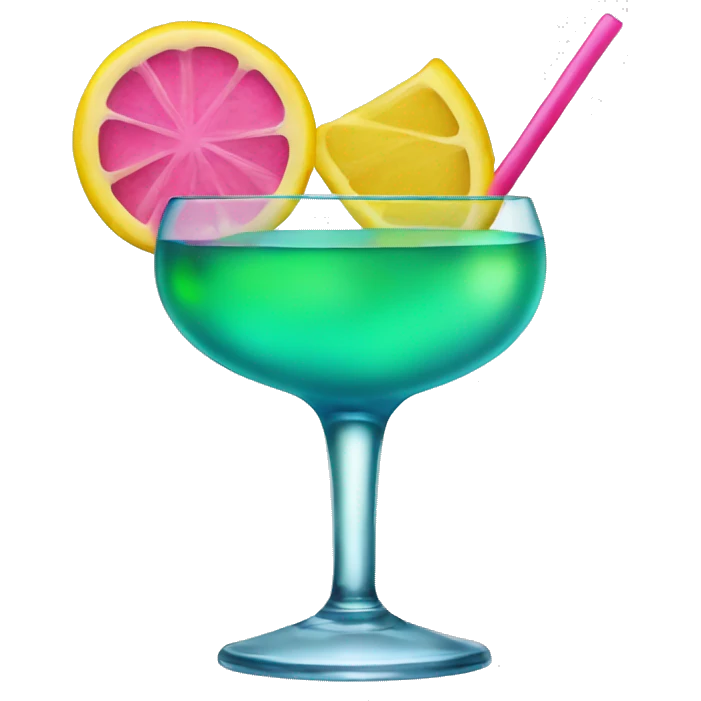 Bluish green cocktail with pink and yellow emoji
