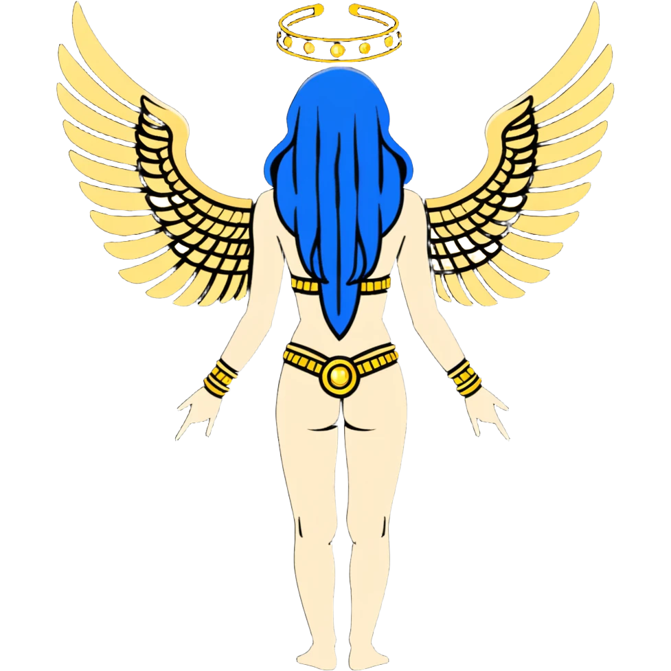 fullbody back view of Anunnaki goddess Inanna with majestic glowing wings, nude back, ancient Mesopotamian star and gate symbols, elaborate gold bracelets and anklets emoji