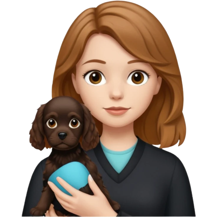 White girl with light brown hair holding a black cocker spaniel  emoji