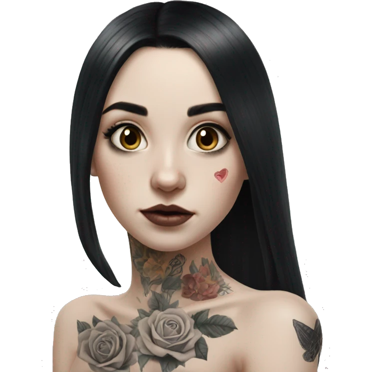 Hyperrealistic Pale girl with black hair arm tattoos emoji