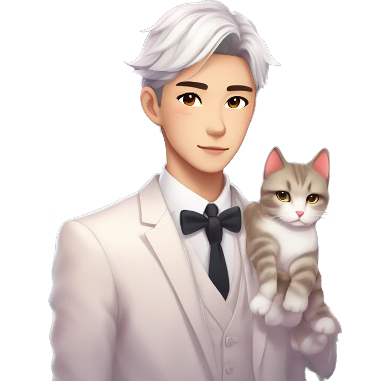 Gorgeous romantic anime style Asian formal modern gentlemanly guy with cat ears and flowers and blushing face aesthetic trending style outside with colorful gradient colors emoji