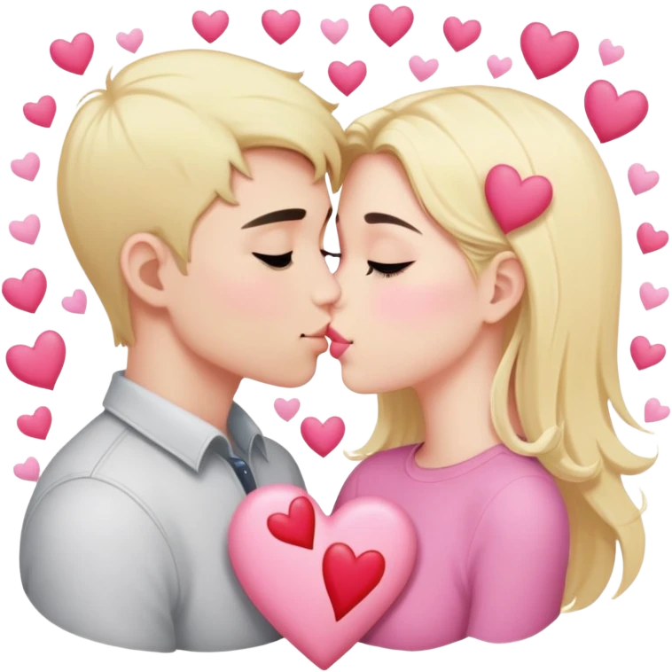 Couple of blonde girl and white boy with black hair is kissing with a lot of hearts around them emoji