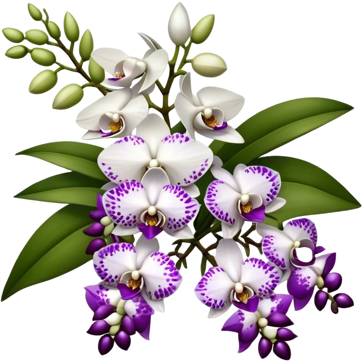 big bouquet white purple Rhynchostylis Orchid, stem, leaf, luxuriant emoji