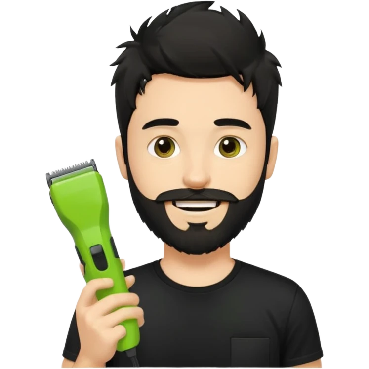 young fair-skinned man with messy black hair and beard, smiling, black t-shirt, holding a single small true-to-size lime green face beard trimmer in one hand emoji