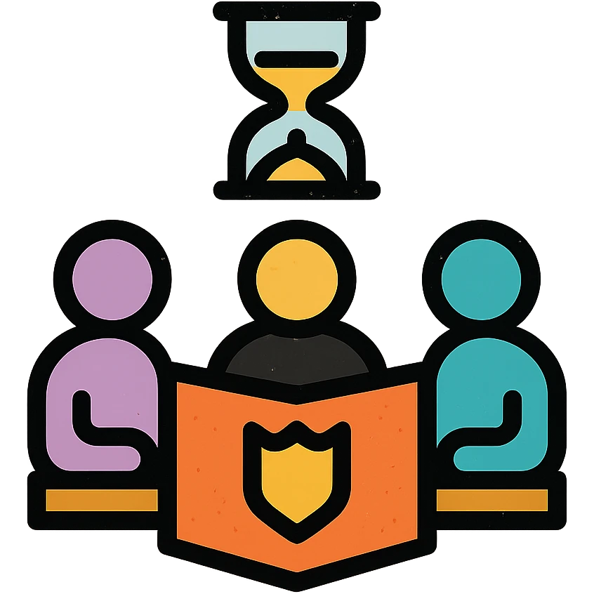 minimalist icon of players and a game master collaborating around a table or DM screen, with a clock or hourglass representing a multi-day marathon, worn and distressed look emoji