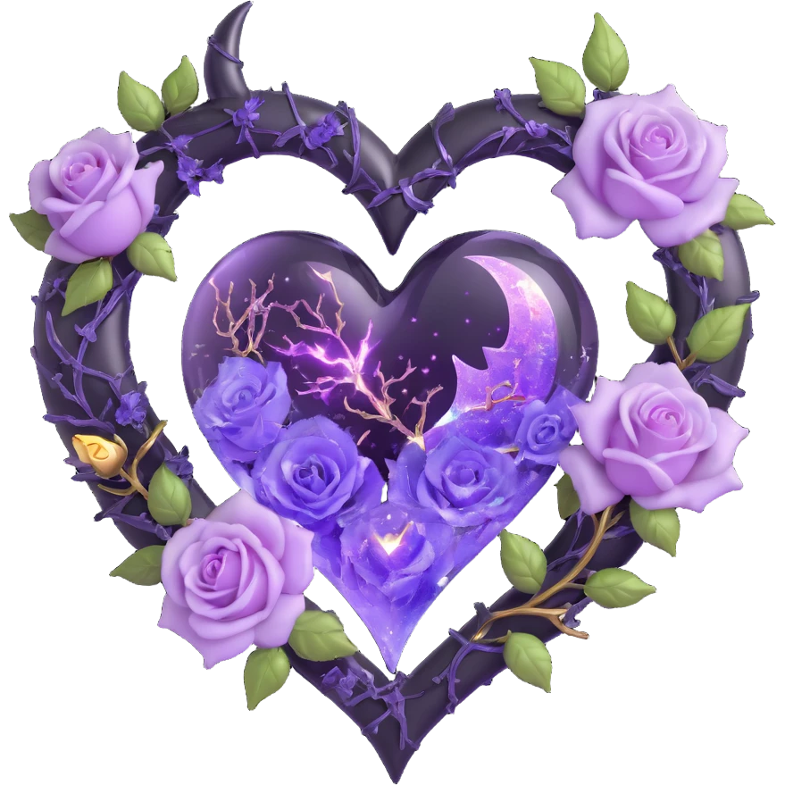 gothic heart made of pale purple glass, silver crescent moon, glowing lavender roses, holographic stardust, neon gold lightning, wet and cracked glass emoji