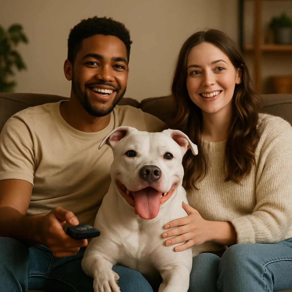 couple watching TV together, white pitbull sitting between them, relaxed and happy mood emoji
