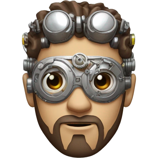 male cyborg head with brown short hair, brown beard, silver steampunk goggles and circuits emoji