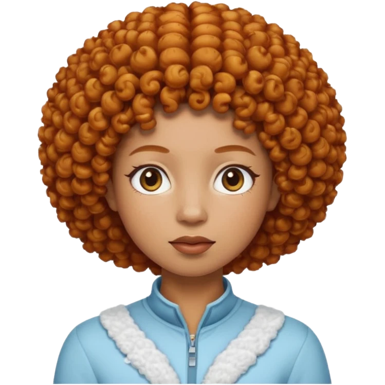 Create an iOS-style emoji of Ice Spice. Neutral facial expression, front-facing head only. Curly ginger short afro hairstyle. Clean Apple emoji style, smooth shading, simple shapes, plain background. emoji