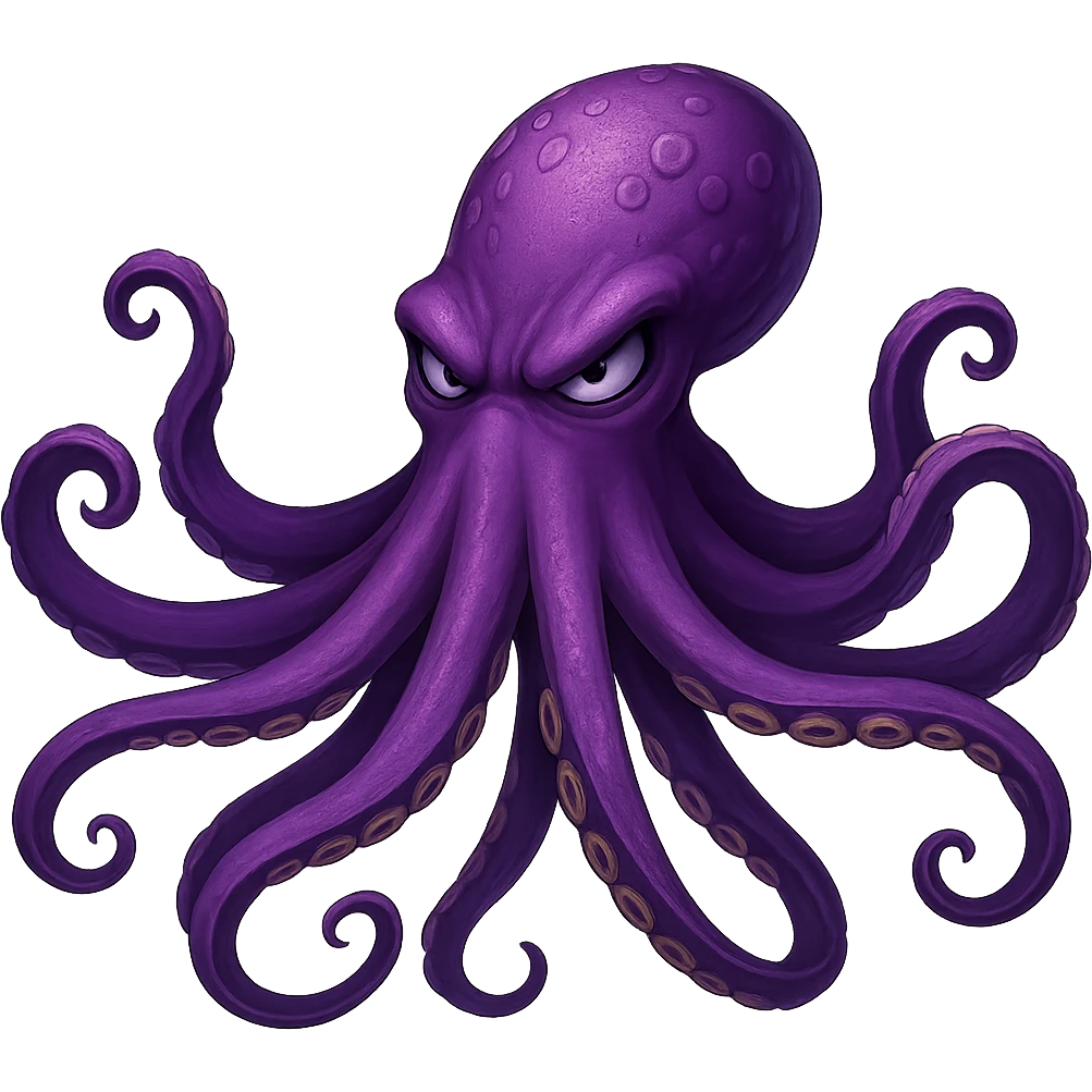 Remove the nose, make the octopus look scary, keep the purple color, with no background. Maintain the original style and details of the octopus while making it look scary and purple. emoji