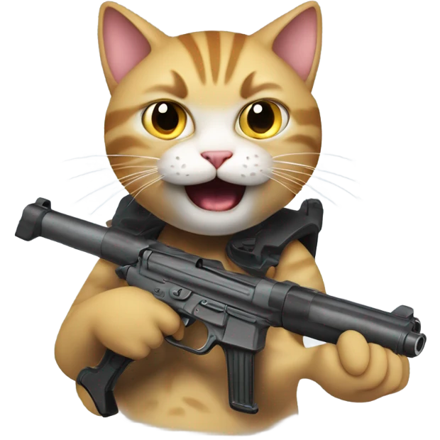 a cat holding a gun, and speak super loudly: what do you want!? emoji