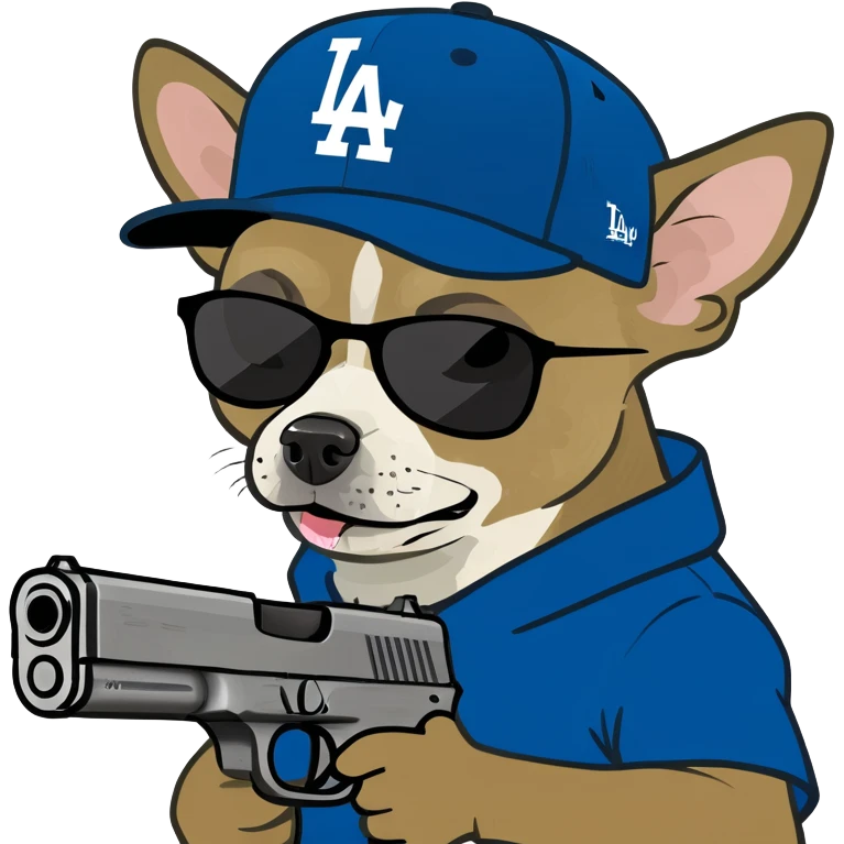 Chihuahua with Los Ángeles Dodgers cap, sun glasses and holding a gun  emoji