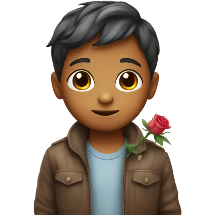 Small shy young boy with a sweet blooming rose emoji