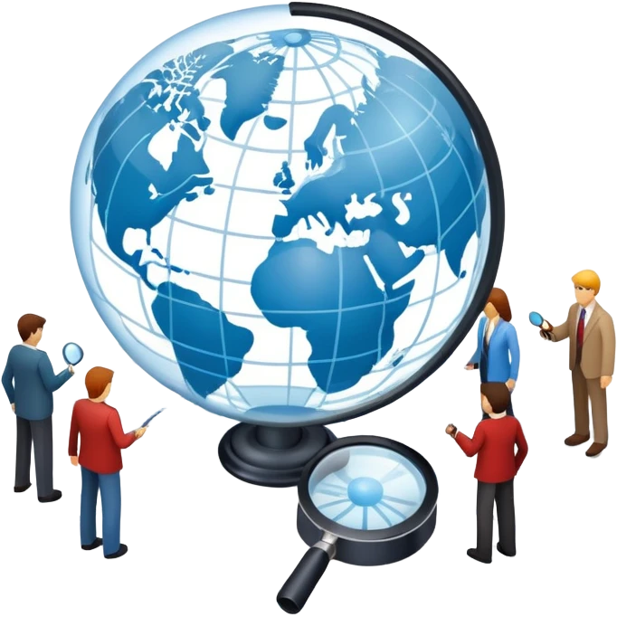 An icon featuring a group of people, a network diagram, and a magnifying glass, symbolizing sociology. The design includes a globe and interconnected lines, representing social structures and relationships. Transparent background highlights the study of societies and human behavior. emoji