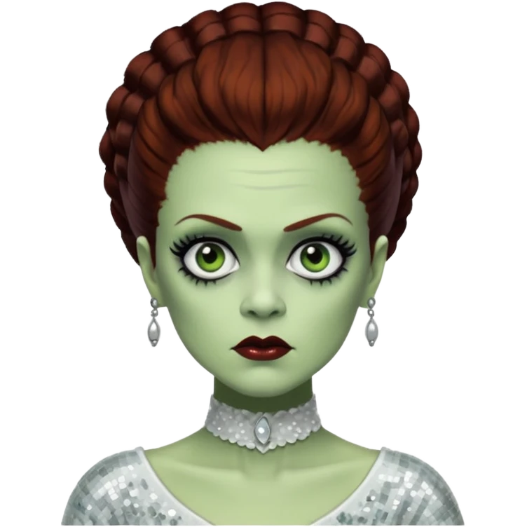 Bride of Frankenstein from Universal Monsters with pale greenish skin, dark auburn hair, white sequin outfit emoji