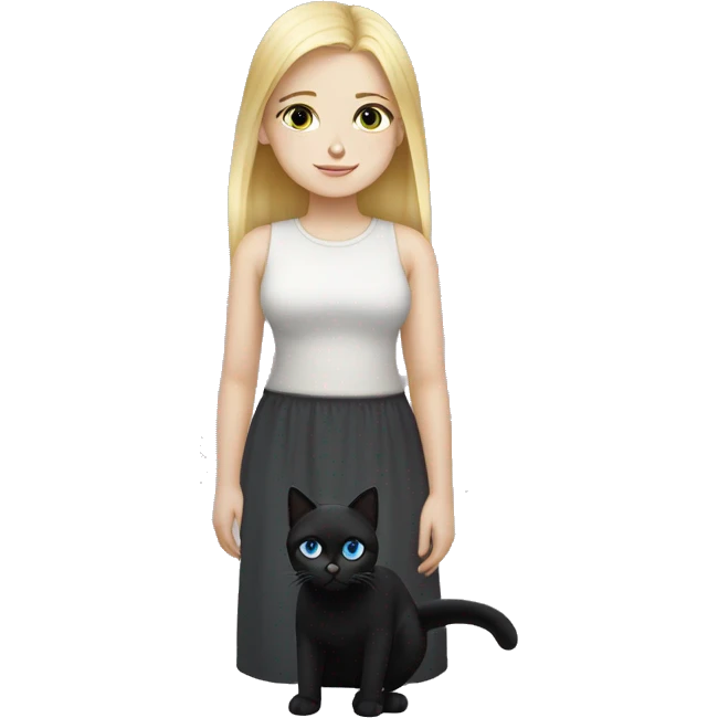 blonde girl with blue eyes and a fat black cat emoji