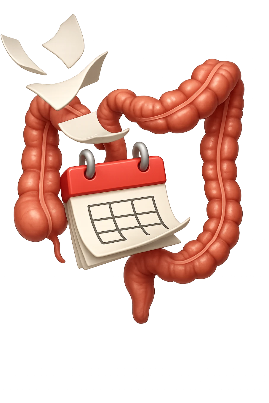 emoji stile iphone di un calendario con fogli che volano insieme a pezzi anatomici di colon umano, iperrealistico 4k, isolato su sfondo bianco emoji