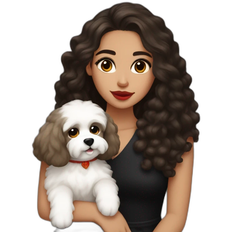 young moroccan woman with brown eyes, dark long curling hair, red lips, a black dress and a white cotton of tulear dog on her lap emoji