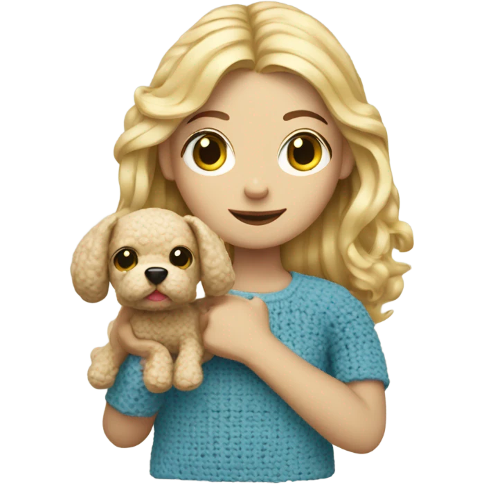 Blond hair girl with a little crochet dog in her arms  emoji