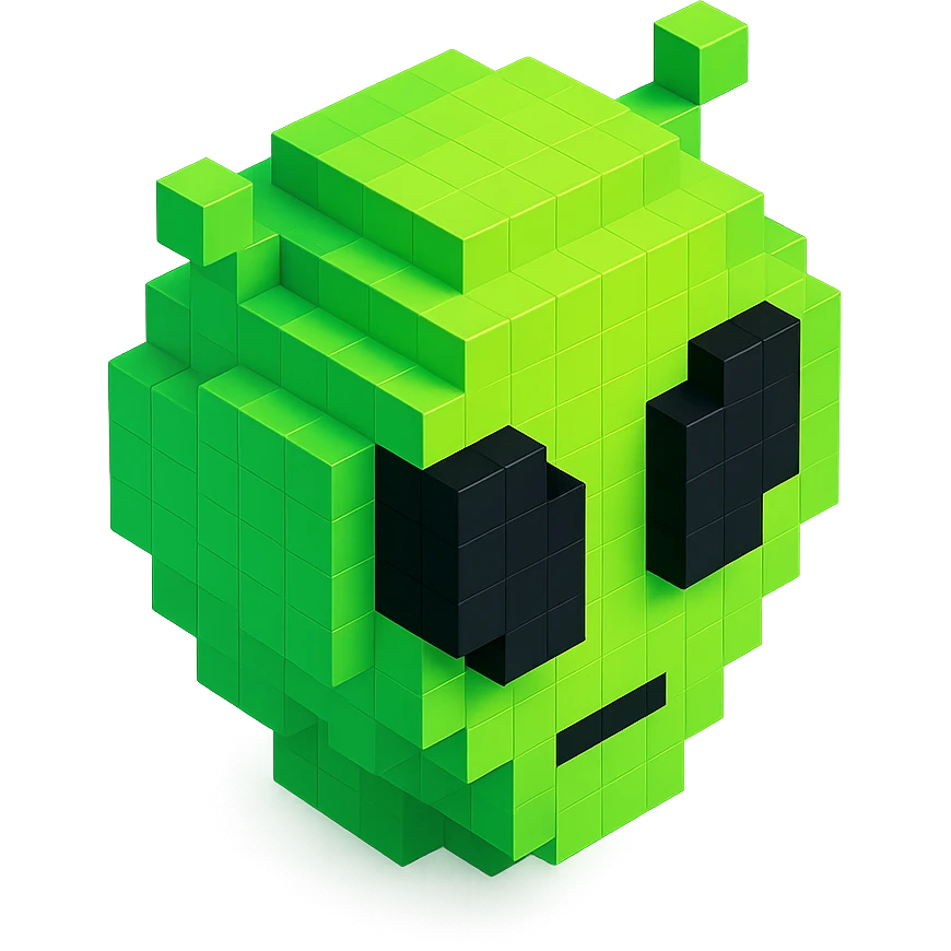green alien with big black eyes and a small mouth, isometric view emoji