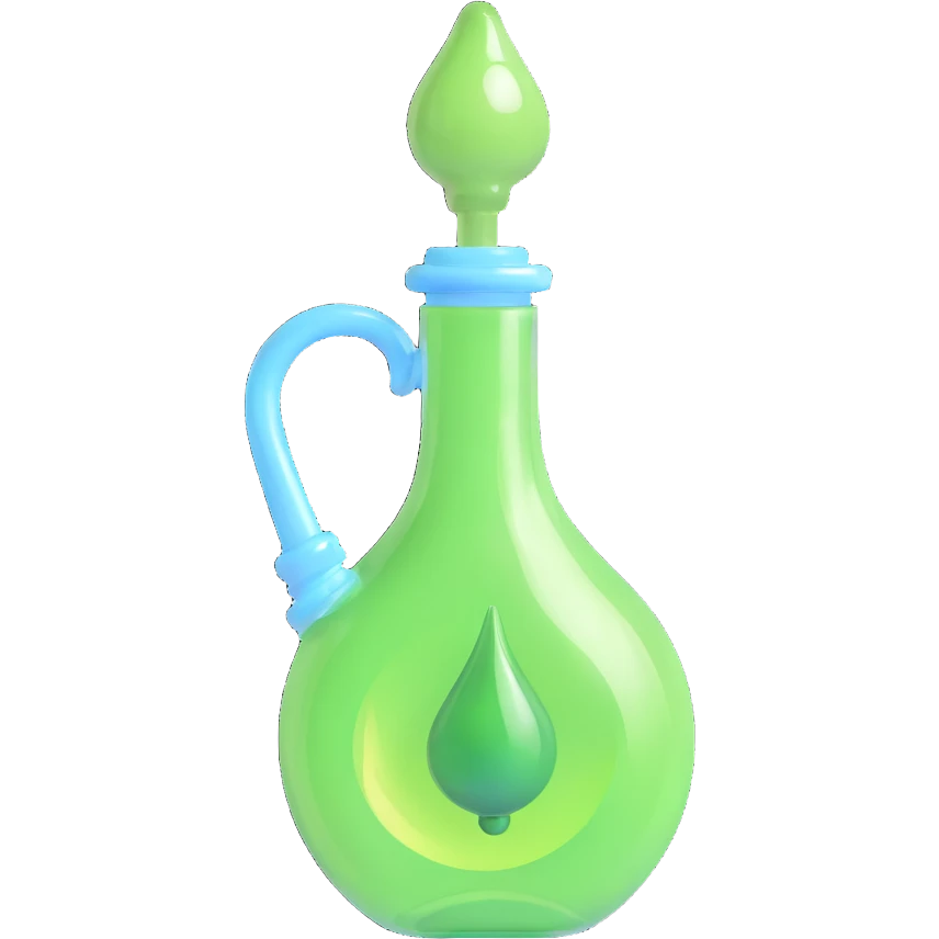 Create a highly realistic 3D transparent bottle with a stopper. The bottle shape resembles a human ear. Inside the bottle, there is a green elixir. No text included. emoji