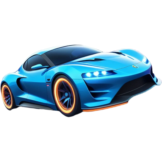 An icon showing a sleek car speeding through a neon-lit cityscape, inspired by Need for Speed. The design features dynamic motion lines, glowing tires, and a vibrant city backdrop with skyscrapers and lights. The rush of high-speed racing is highlighted. Transparent background. emoji
