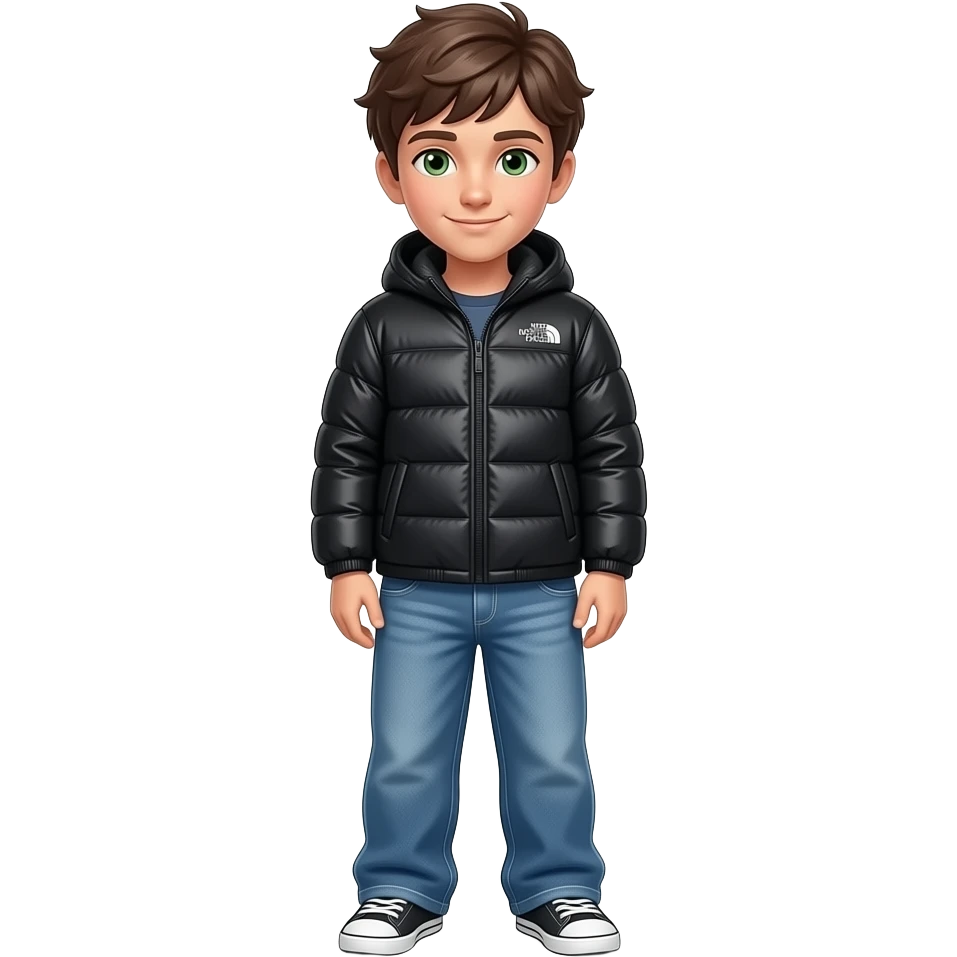 un niño que su pelo és marron i sus ojos verdes fuerte. Que vaya con una chaqueta adidas de color negro i que vaya con pantalones tejanos anchos I que se veaa todo el cuerpo.  Que tenga una chaqueta negra con volumen i que sea north face emoji