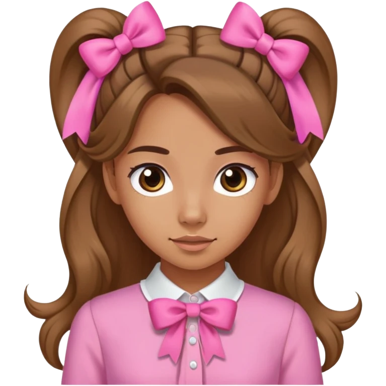 A medium tanned skin girl, long hair with pony hairstyles, pink bow at the both sides, wearing pink blouses  emoji