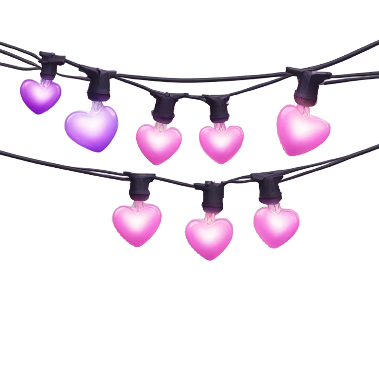 Realistic string lights with pink and purple bulbs in the shape of a heart and a power plug in on the end of the lights. emoji