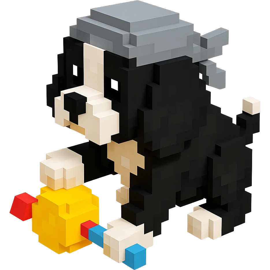 A black and white Russian Cocker Spaniel puppy wearing a gray durag, voxel style, playing with a toy emoji