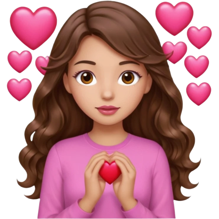 girl with long wavy brown hair, brown eyes, light to medium complexion, in a pink shirt, pink lips, long lashes, many  hearts in hand emoji