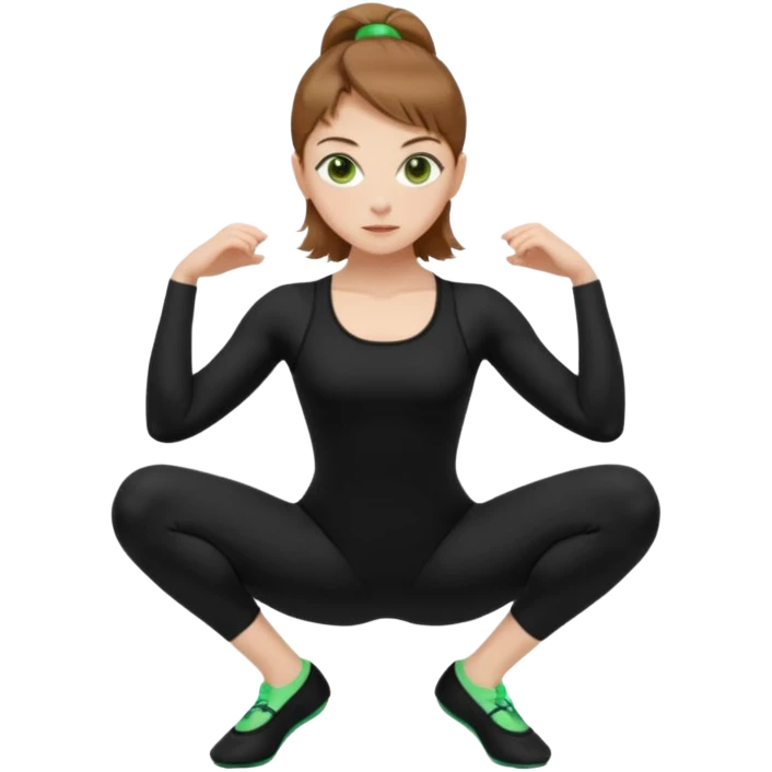 Beautiful woman with light brown shoulder length hair popping a squat without any weights. Make her with a little lighter, brown hair and green eyes. Make her fair skinned and wearing a black workout suit. make her wearing black ballet flats. emoji