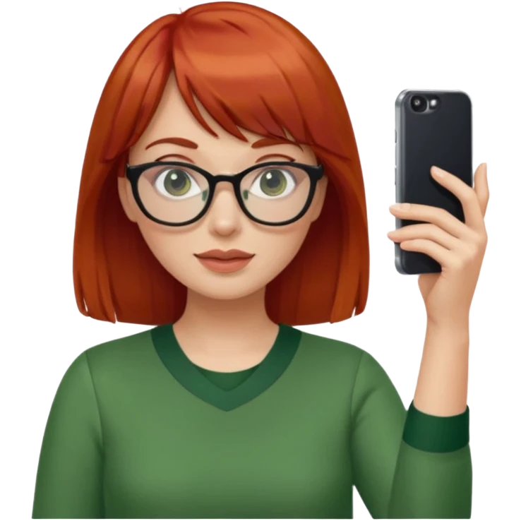 red haired woman with bangs, glasses, green blouse holding her phone having selfie emoji