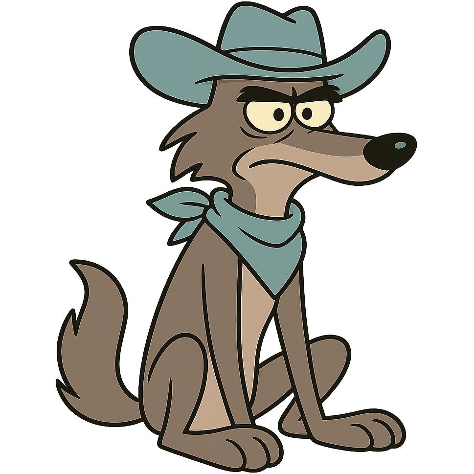 grey coyote, light blue cowboy hat, light blue neckerchief, sitting, flat toon style emoji