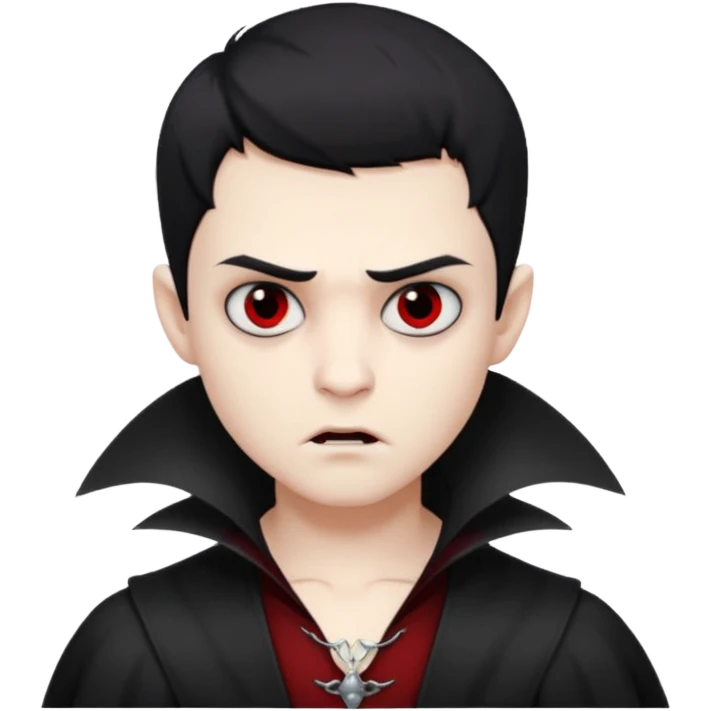 Vampire boy with the short black hair, pale scin, black eyes, little fangs and dark circles under his eyes. He has serious face emoji
