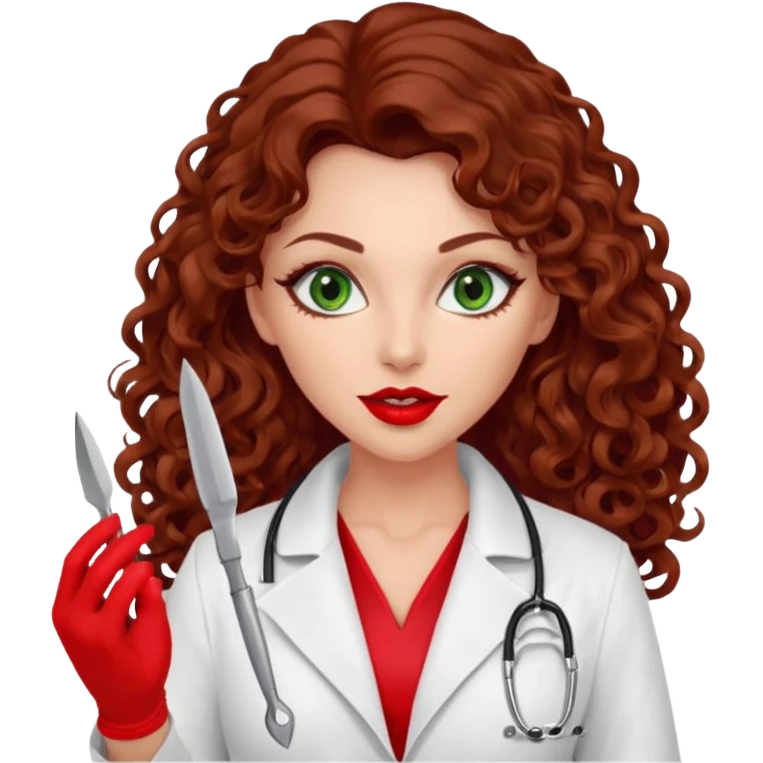 Lilith symbol seductress evil woman. She has green eyes.  had brown long curly hair.  evil surgeon kills with scalpel wears red sexy doctor coat with red mouth cover red gloves emoji