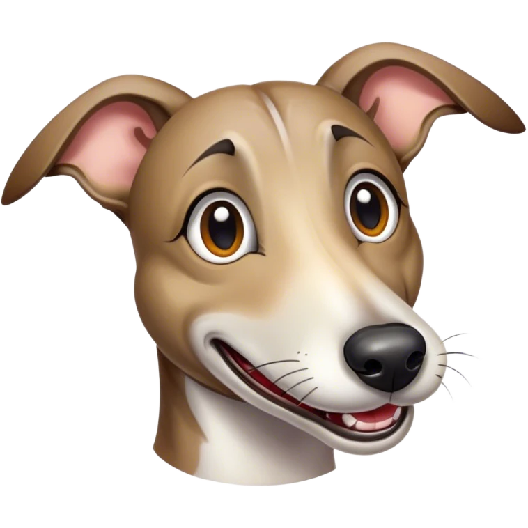 Cinematic Comical Brindle Greyhound Portrait Emoji, Head tilted dramatically with an exaggeratedly amused expression, featuring a striking brindle Fur with bold patterns, wide, expressive eyes filled with playful disbelief, Simplified yet hilariously expressive features, highly detailed, glowing with a slightly sassy glow, high shine, dramatic yet playful, stylized with an air of cheeky mischief, bright and endearing, soft glowing outline, capturing the essence of a spirited and over-the-top racer, so meme-worthy it feels like it could side-eye its way into internet fame instantly! emoji