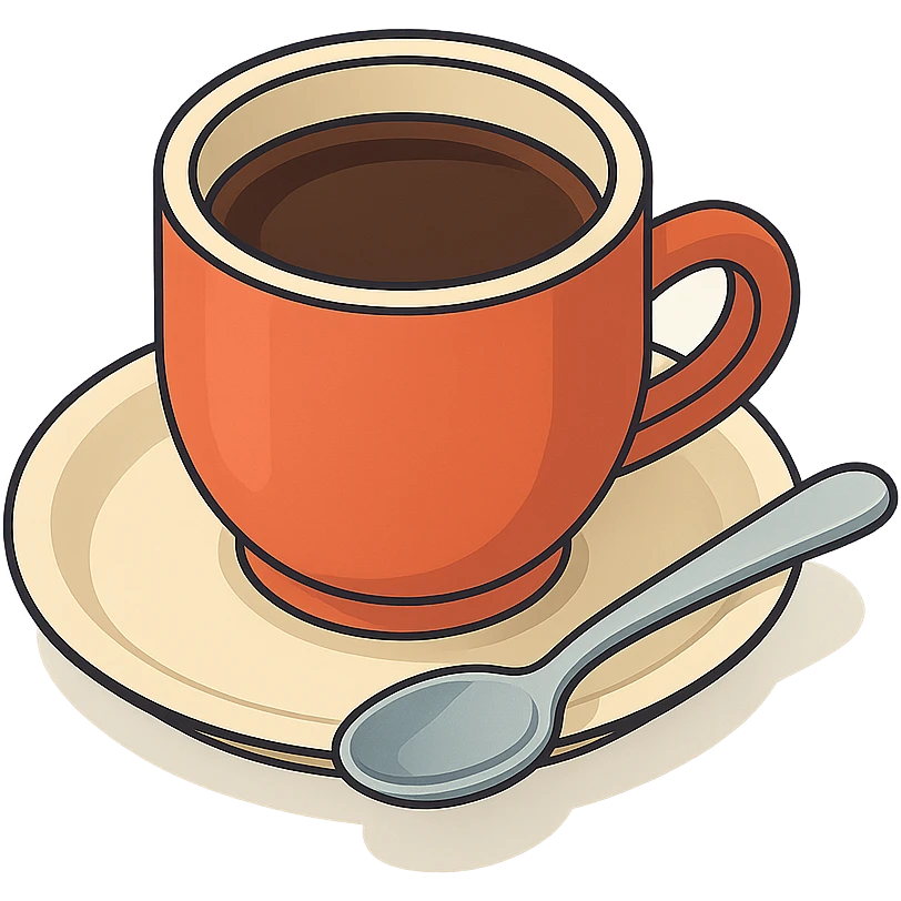 isometric view of a coffee mug with saucer and spoon, detailed drawing, detailed shadows and highlights, clean contours, soft lighting, transparent background emoji