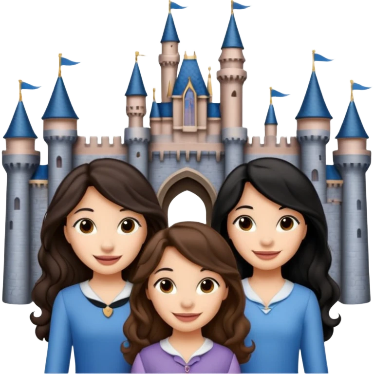 Quiero que crees una imagen donde este el castillo de Disney y por detrás o delante pon a quatro chicas: una con el pelo largo rizado marrón , otra con el pelo corto negro, otra con el pelo mediano liso marrón y otra con el pelo negro largo liso emoji