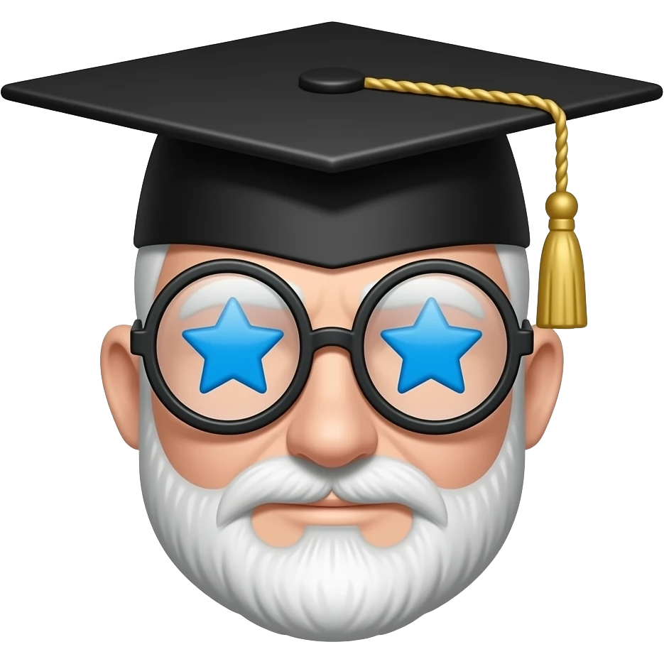 white emoji face with blue star eyes, beard, round glasses, graduation cap with gold tassel, cartoon style, white background emoji