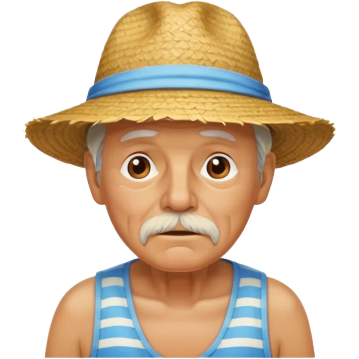 Make a picture of an old man on a beach, sweating profusely because the sun and air is so hot emoji