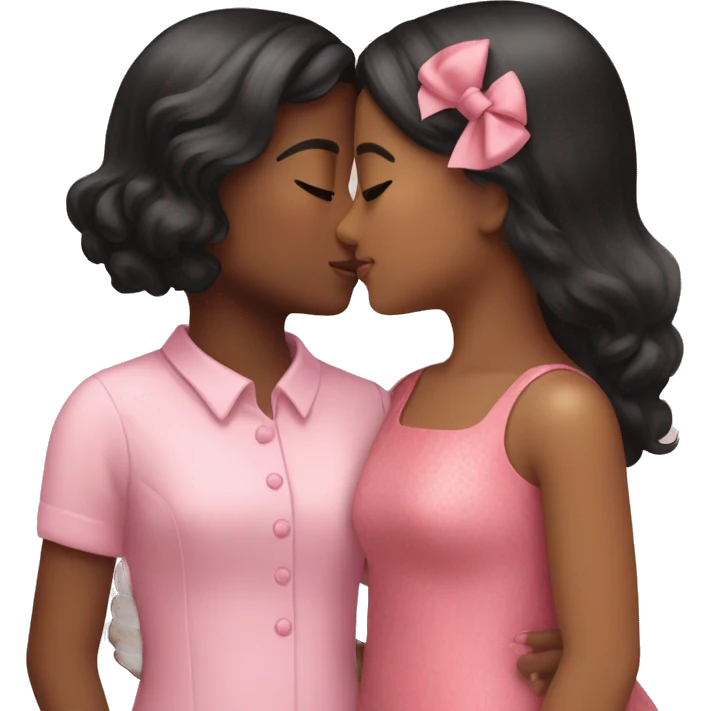 Two girls kissing one girl is Indian skinned and is wearing a pink dress she has black hair and a pink bow the other girl is white and has brown hair with a pink bow and she wears a pink dress emoji