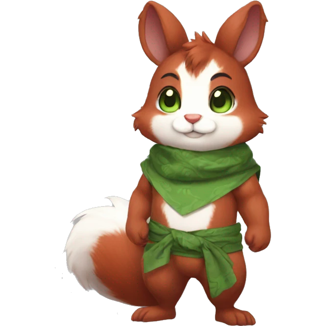 Cute, Chibi, chubby, fluffy, Kemono-style, Anthro, Fur-Sona, Dark-Red, Squirrel-Rabbit-hybrid-Fakémon, with a green bandana, full body emoji