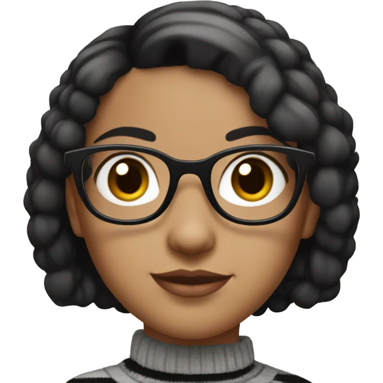 Girl with black short hair. She wears grey and black line sweater. She wear brown leopard glass  emoji