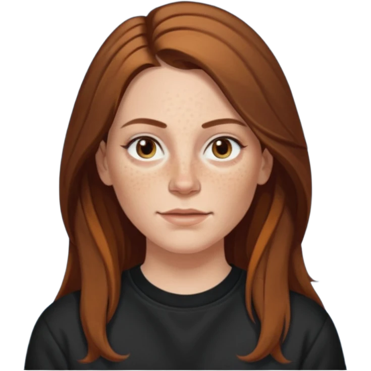 A 38 year old white woman with long brunette hair parted in the middle. She has a nose ring. She has brown eyes. She has freckles and is wearing a black sweatshirt emoji