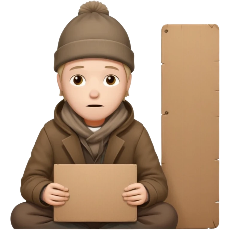 A tired homeless man wearing a worn brown coat and beanie, sitting quietly with a cardboard sign in his hands.
 emoji