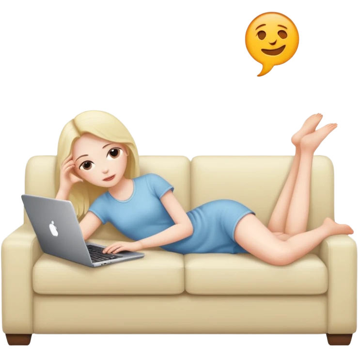 A white girl is lying on a sofa with a laptop emoji